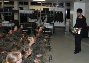 Betty Moseley Brown President  Women Marines Association talks to recruits on 70th Anniversary.