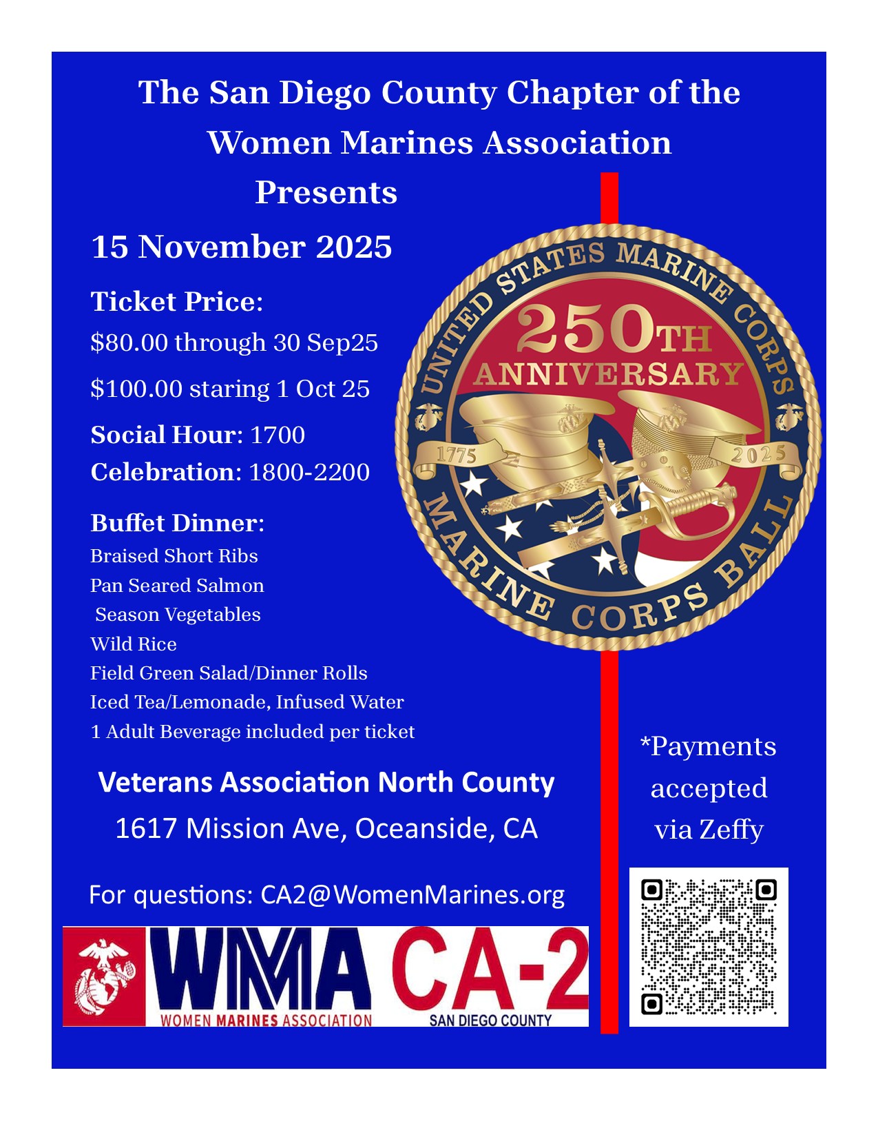 250th Marine Corps Birthday Celebration Presented by CA-2 San Diego County Chapter, WMA
